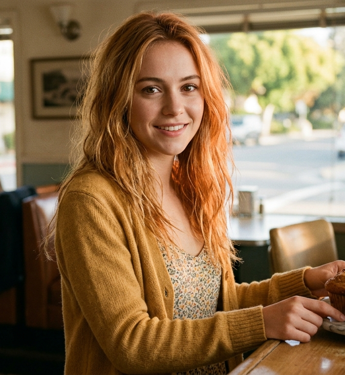Lexy mit roten Haaren und senfgelber Strickjacke, an einem Tisch im Diner